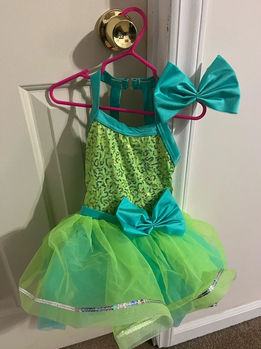 Weissman Girls Dance Costume Green Turquoise Sequin Tutu XS w/ Bow
